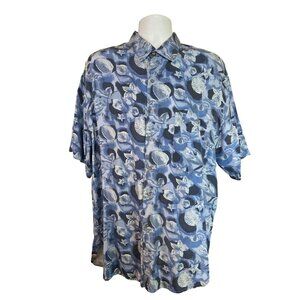 Vintage Silk Society Mens Shirt L Blue Seashell Ocean Y2K Coastal Grandpa 90s